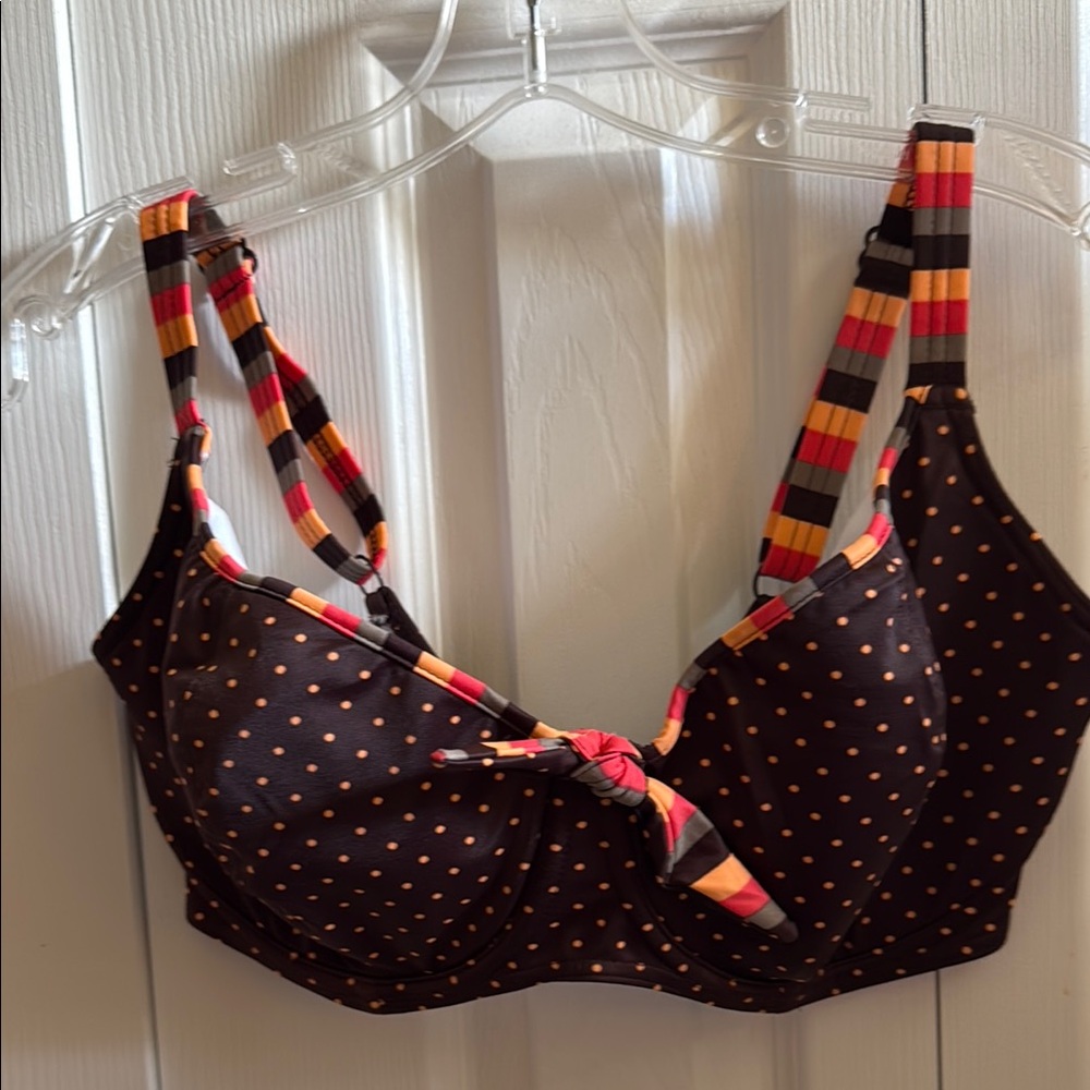 Polka Dot Bikini Top with Striped Straps